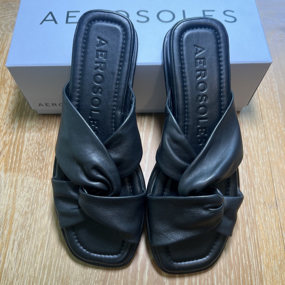 Aerosoles Women's Brady Slide Sandal Wedge 10, Black Leather Ret $90 - Picture 2 of 11